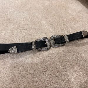 B-Low the Belt Black Leather Double Buckle Belt with Engraved Silver Hardware